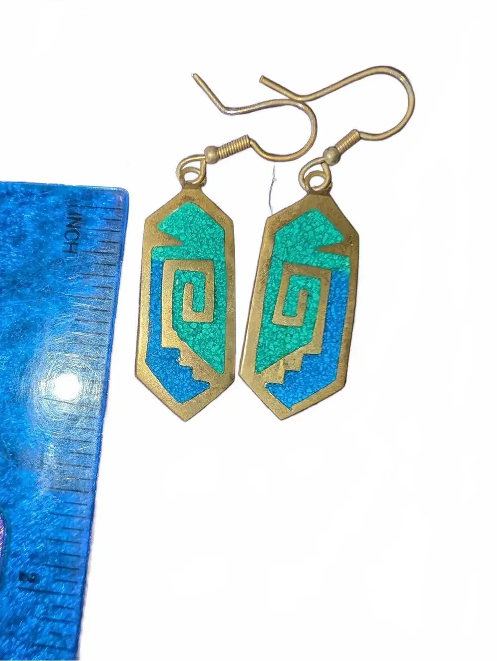 Vintage Alpaca Mexico Geometric Pattern Brass and Turquoise Blue Earrings